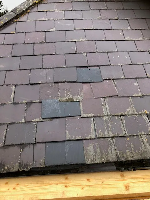 Roof being replaced. Existing Bangor slates on the front and side slopes. New Spanish slates on the back — photo 1