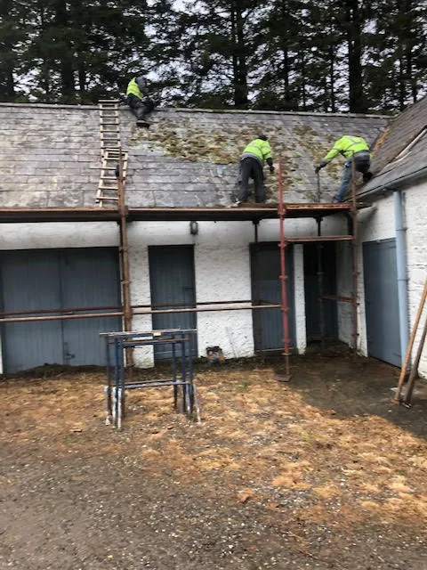 Moss growth on the roof being cleared and broken slates replaced — photo 1